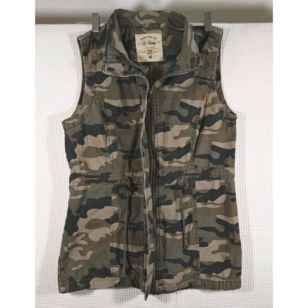 Ci Sono Woman's Camo Denim Vest Draw String Waist Zipper & Snap Up Medium